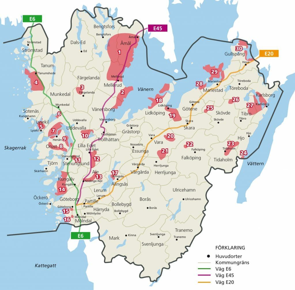 Karta över riskområden för fästingburen TBE i Västra Götaland.