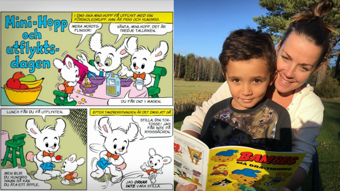 Maria Enander och sonen Imani, 5 år, läser Bamse.