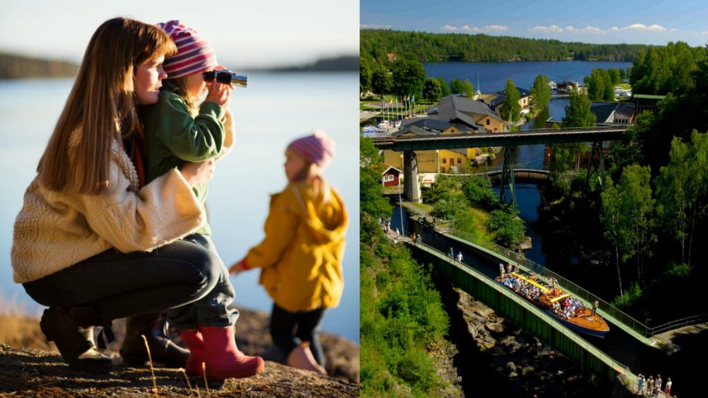 Kvinna med två barn står på en bergknalle och tittar ut över en sjö samt vy över akvedukten i Håverud.