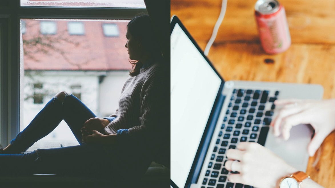 En kvinna sitter i ett fönster och tittar ut. Någon använder en bärbar dator.