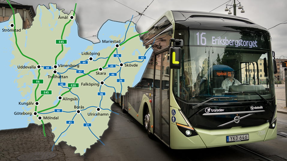 Bild på en karta över Västra Götaland och en elbuss.