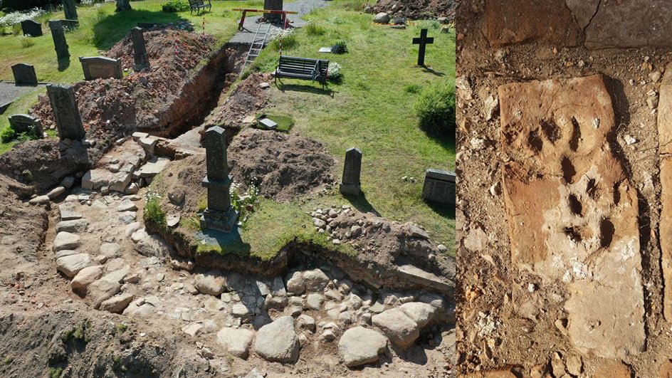 Bild på Absiden av kyrkan i Edslekog och tegel med tassavtryck från medeltiden. Foto: Lödöse museum