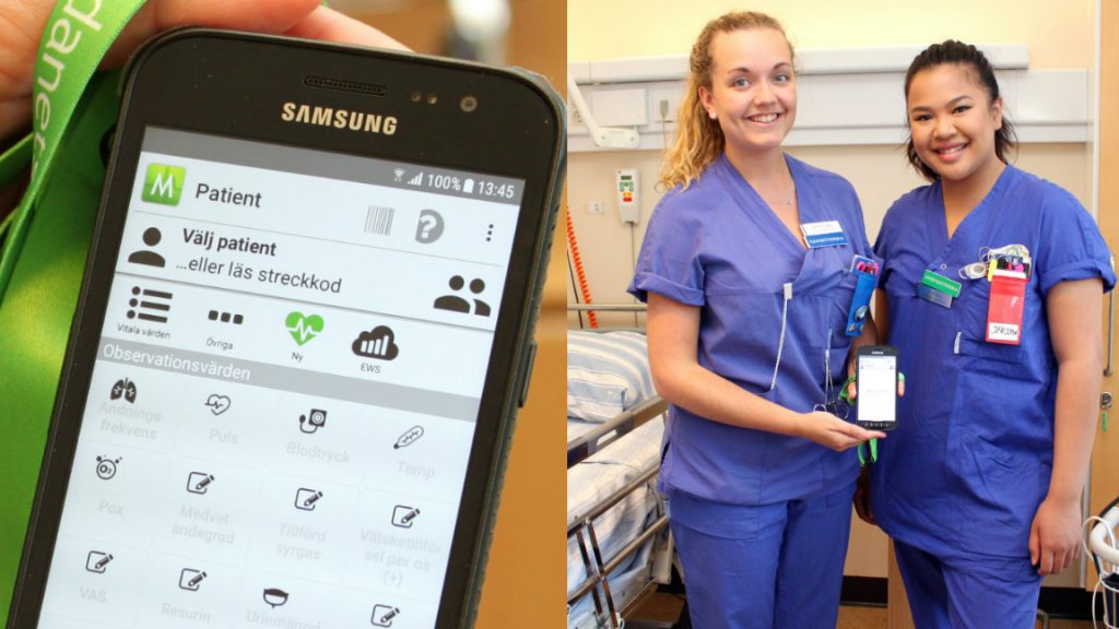 Caroline Karlsson och Jenjira Putha i NU-sjukvården är jättenöjda med att slippa dubbelarbete tack vare den nya mätvärdesappen. Foto: Emma Bergman