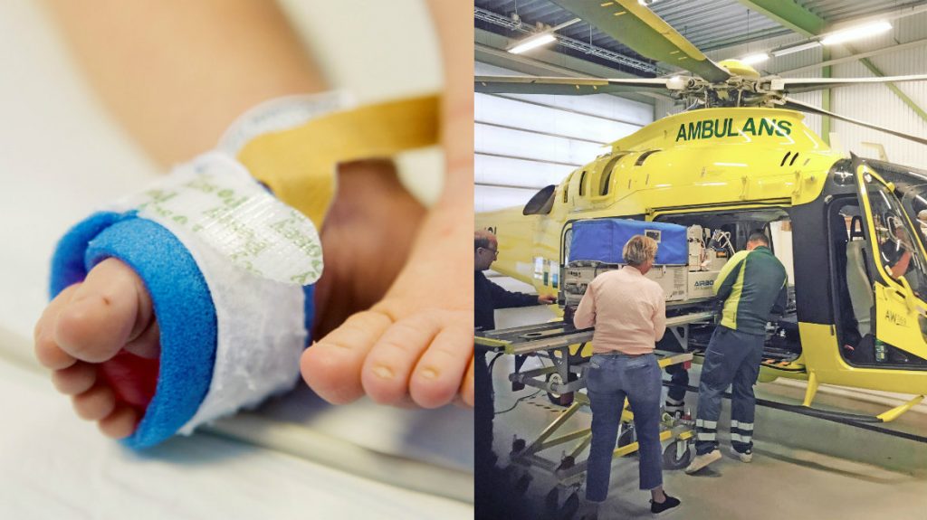 Nu kan barn i kuvös åka tryggt med VGR:s ambulanshelikopter. Bilden till höger är tagen i samband med utbildning av sjukvårdspersonal..