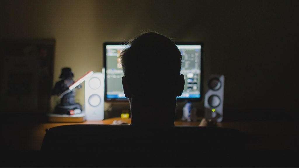 Bild på enman som sitter med ryggen mot kameran, framför en dator.