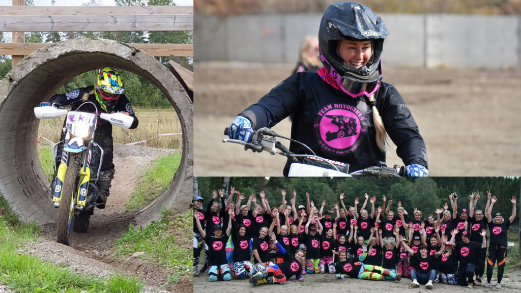 Tre bilder. Ida kör motocross genom en tunnel och Anette sitter på en cross samt en lagbild på många medlemmar.