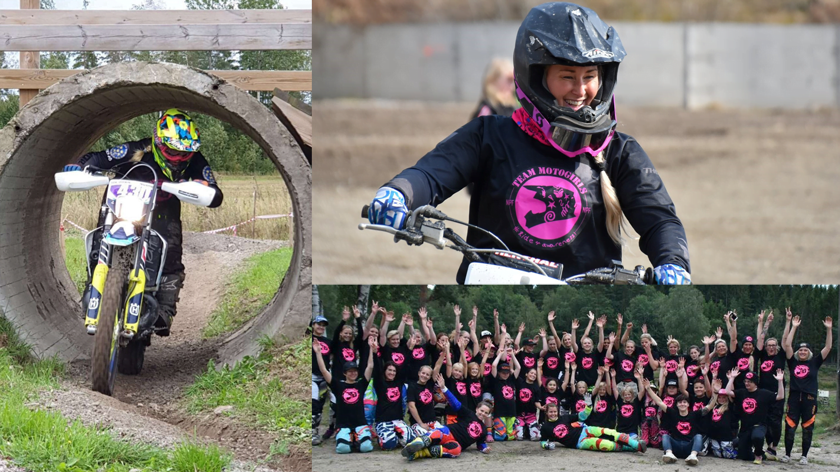 Tre bilder. Ida kör motocross genom en tunnel och Anette sitter på en cross samt en lagbild på många medlemmar.