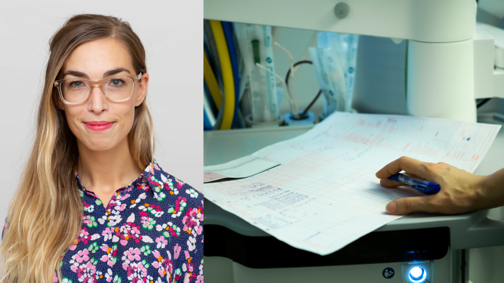 Bild på Ingrid Floderous och en doktorshand som skriver i en patientjournal.