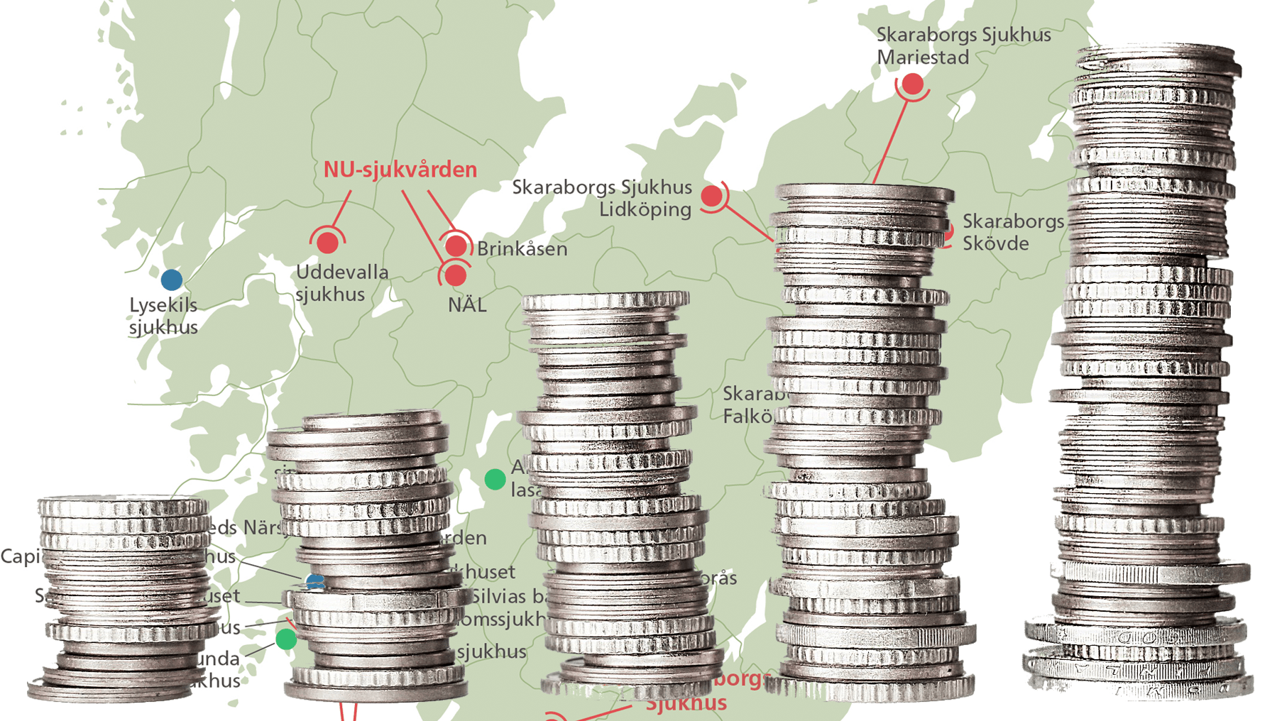 Bild på olika travar med mynt och en karta som visar var sjukhusen finns i Västra Götaland.