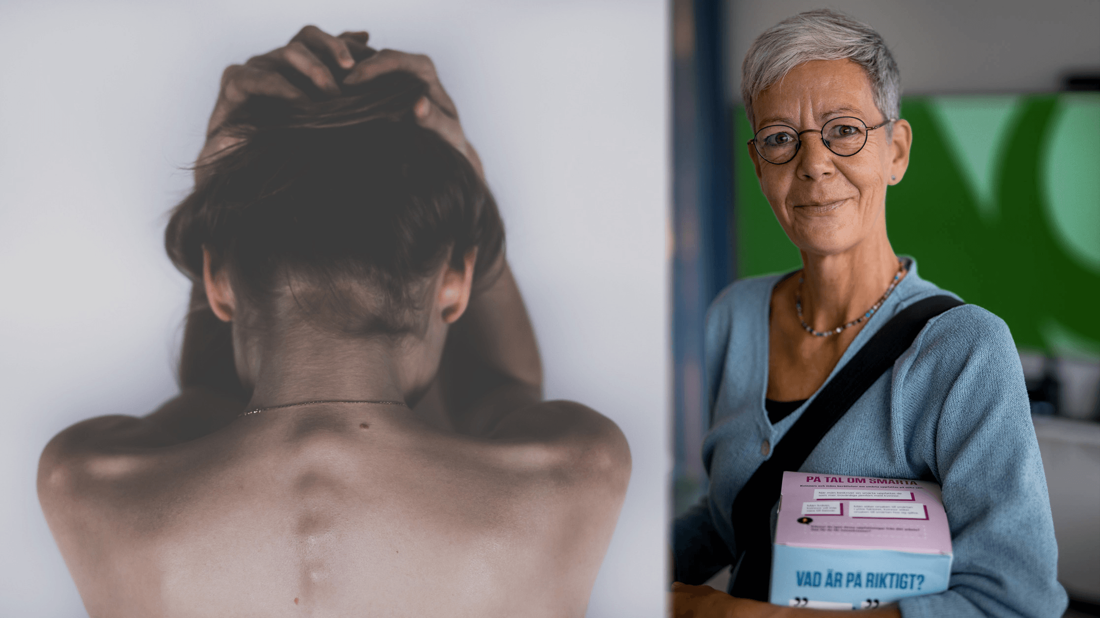 Bild på en kvinnas rygg, kvinnan håller händerna runt huvudet samt en porträtt bild på Anke Samulowitz,