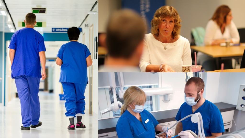 Vårdpersonal som går i en korridor, tandläkare som jobbar och en bild på regiondirektör Ann-Sofi Lodin.