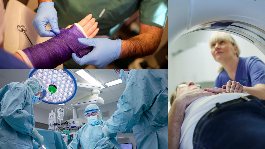 En man lägger ett förband, bild på kirurger som opererar och en kvinna ich patient i en röntgenapparat.