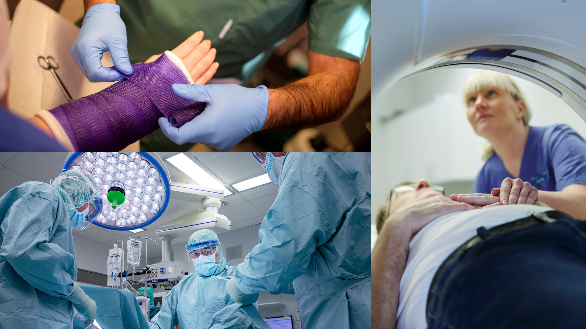 En man lägger ett förband, bild på kirurger som opererar och en kvinna ich patient i en röntgenapparat.