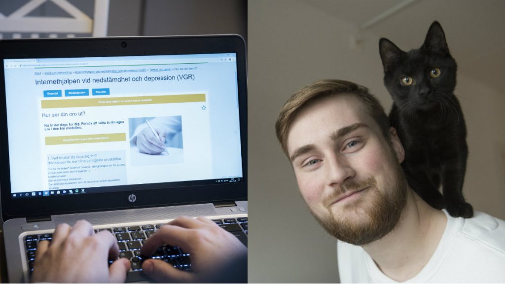 Katten Skorpan har fått en gladare husse sedan David Grönbäck började med terapi via nätet. Fpto: Anna Renberg