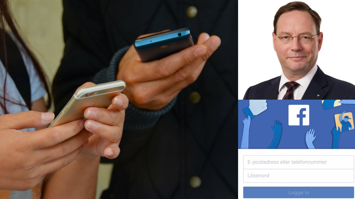 Personer som skriver på mobiltelefoner, kommunikationsdirektör Erik Lagersten och Facebooks logotype