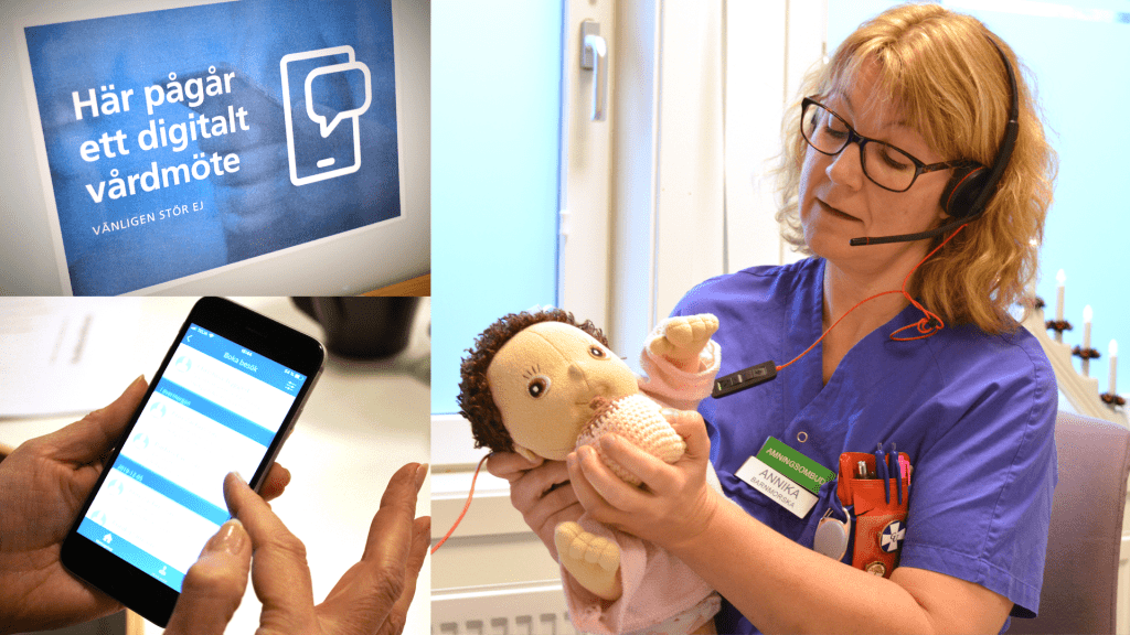 Barnmorskan Annika sitter med headset och håller en docka i famnen och visar hur man ammar.