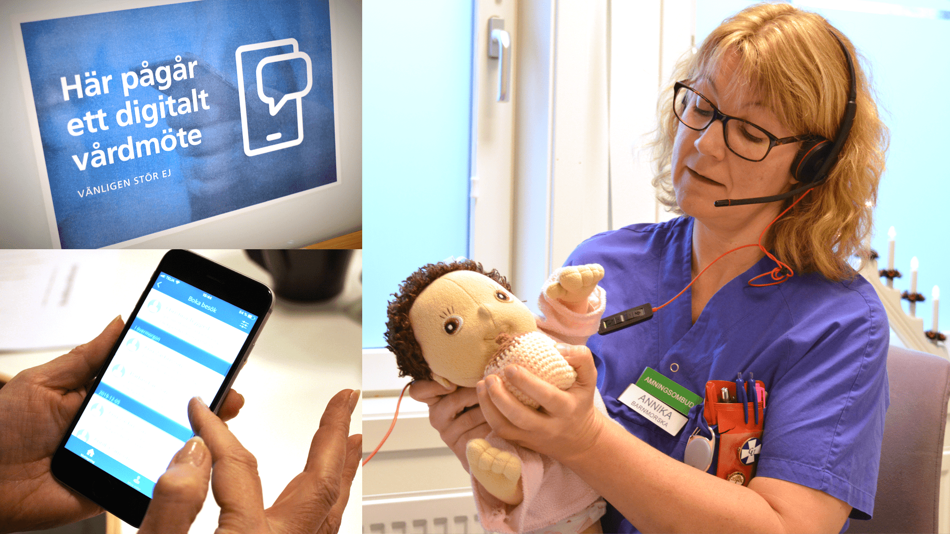 Barnmorskan Annika sitter med headset och håller en docka i famnen och visar hur man ammar.