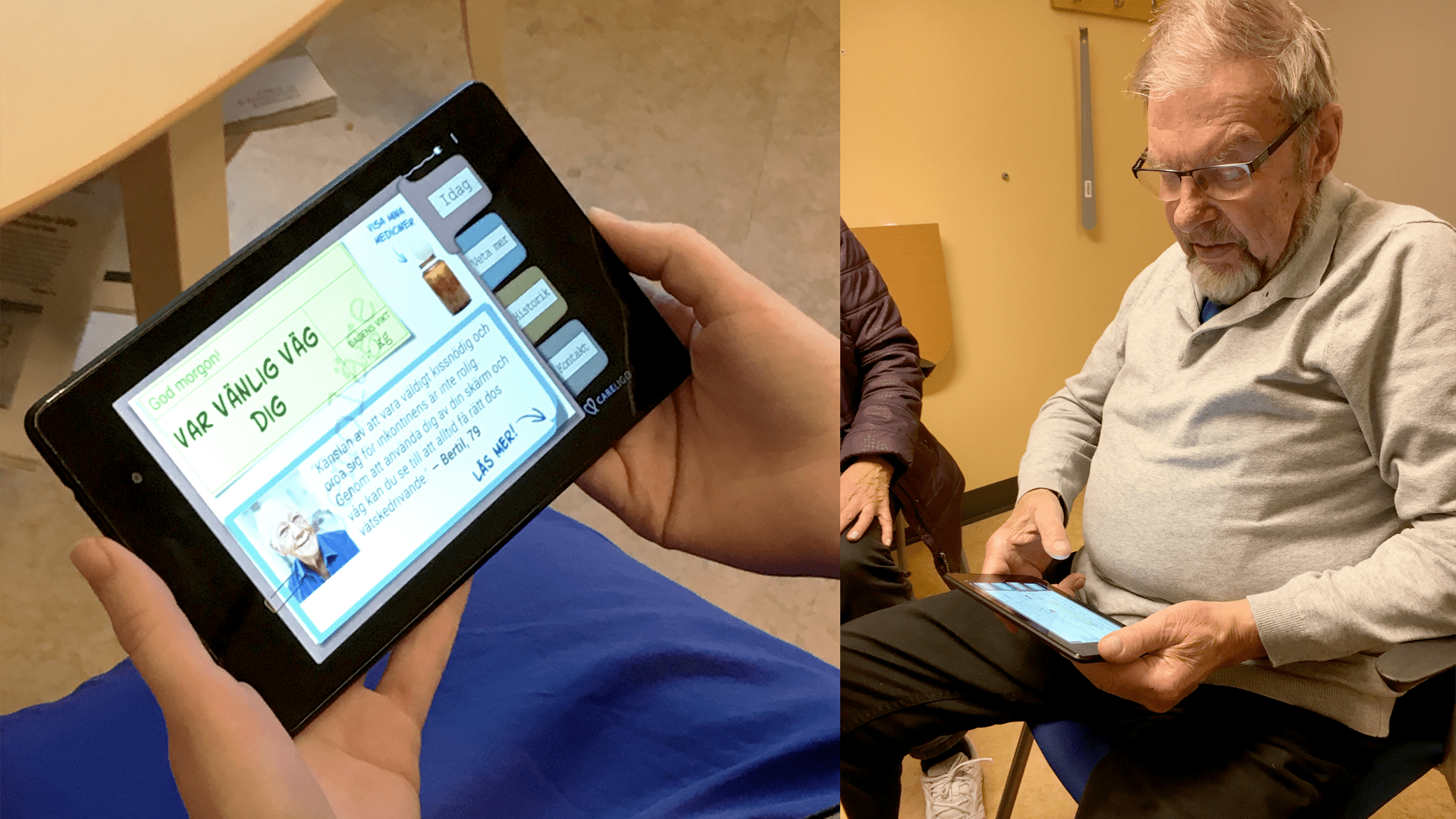 En äldre man kollar på en digital platta som hjälper honom att hålla kolla på sina hälsovärden.