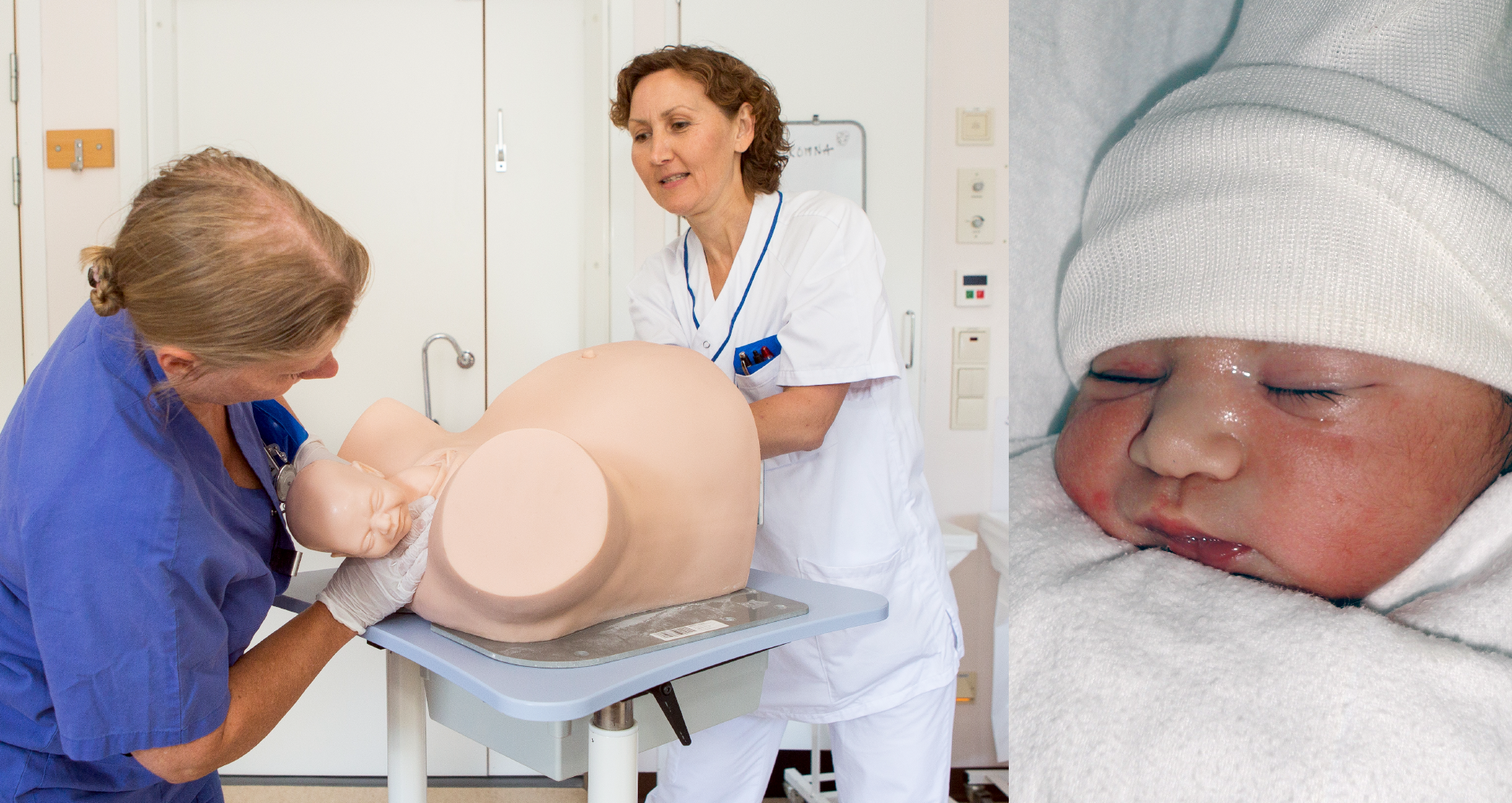 Två barnmorskor visar på en docka hur en bebis blir förlöst