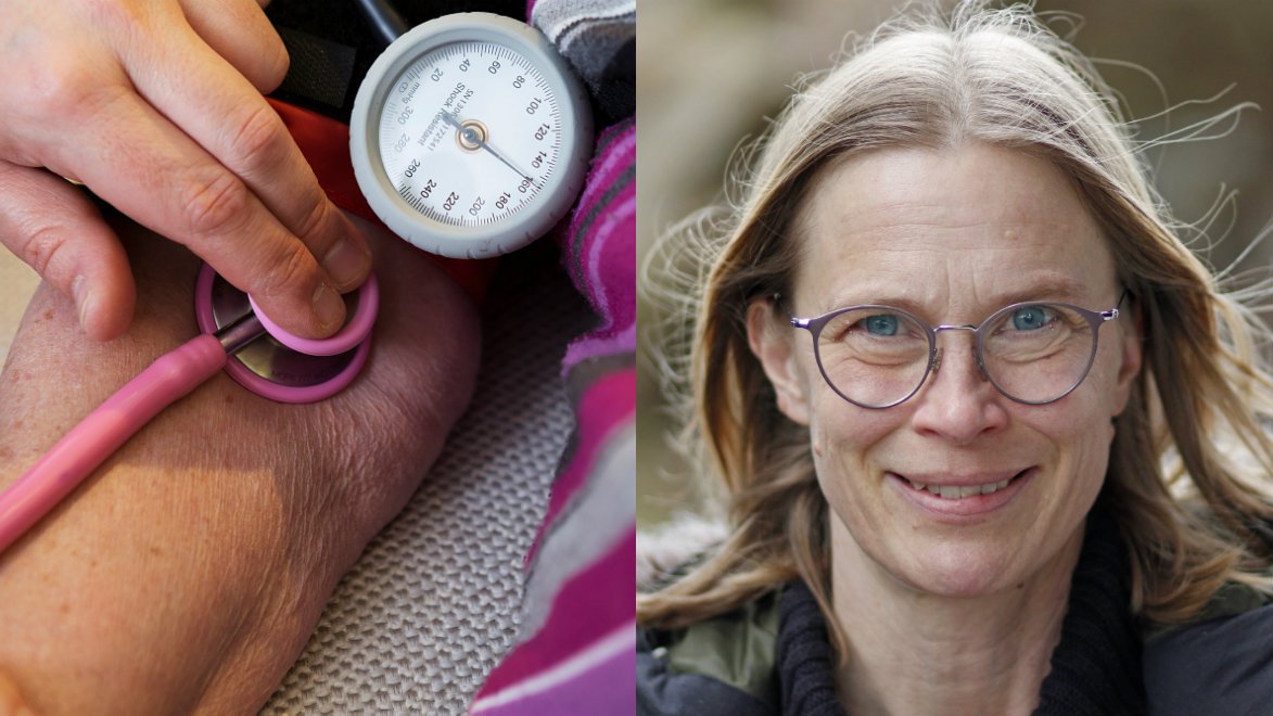 Blodtrycksmätning och forskaren Helena Ödesjö.