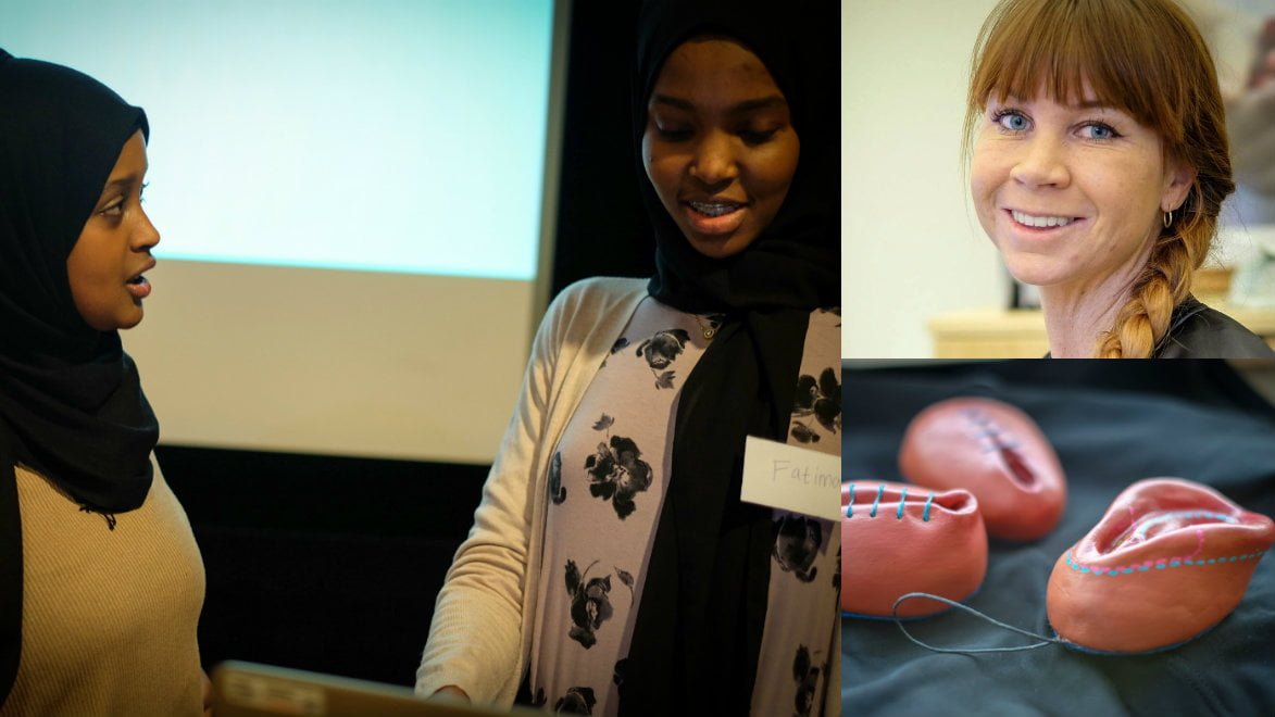 Nasima Mahamad och Fatima Afarahfrån "Hela blomman" och Lisa Granhed, barnmorska på Angereds Närsjukhus arbetar tillsammans med att sprida kunskap om Vulvamottagningen och den hjälp man kan få där. Foto: Rebecca Landmér.