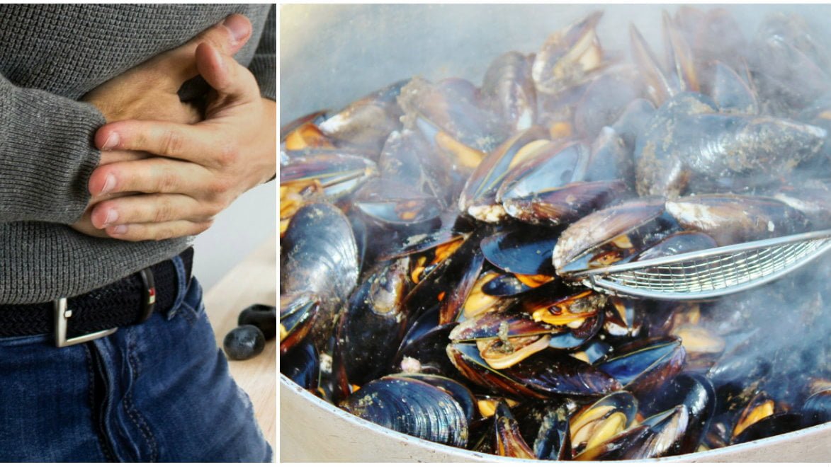 Person som håller sig för magen och en rykande gryta med musslor.