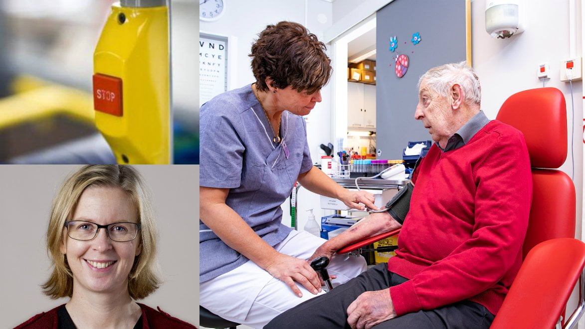 Stoppknapp på buss, smittskyddsläkare Gunilla Ockborn och en äldre man i vårdsituation.