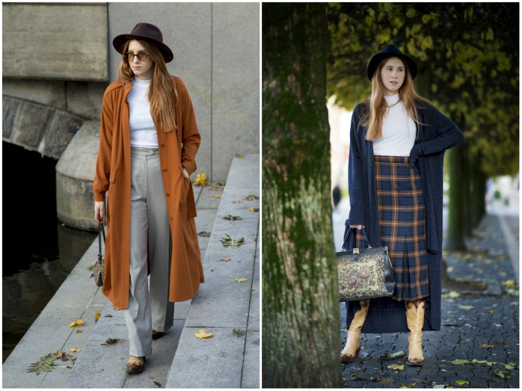 Här har Marielle kombinerat sina favoritbyxor (second hand) med ett par cowboy-boots hon köpt på loppis för tio kronor, en enkel topp, en lång kappa tillsammans med accessoarer hon fyndat second hand (väskan, örhänget och hatten). Eller: Samma cowboy-boots och topp får en ny look tillsammans med en ”bytt” kjol och några gamla trotjänare i garderoben (hatt och långkofta). Brokadväskan och halsbandet är second hand.