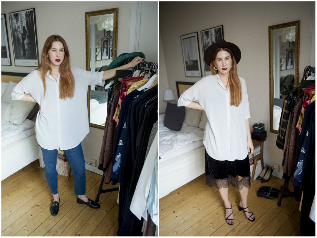 Marielles favoritskjorta är lång, lös och ledig och funkar till både vardag och fest. Tillsammans med ett par gamla jeans från HM, ett par vintage-fyndade loafers och ett rött läppstift som accessoar är hon redo för en dag på jobbet. Eller utanpå en finklänning hon köpte som utbytesstudent i Taiwan och med ett par sandaler hon köpt på Tradera är hon klar för utgång.