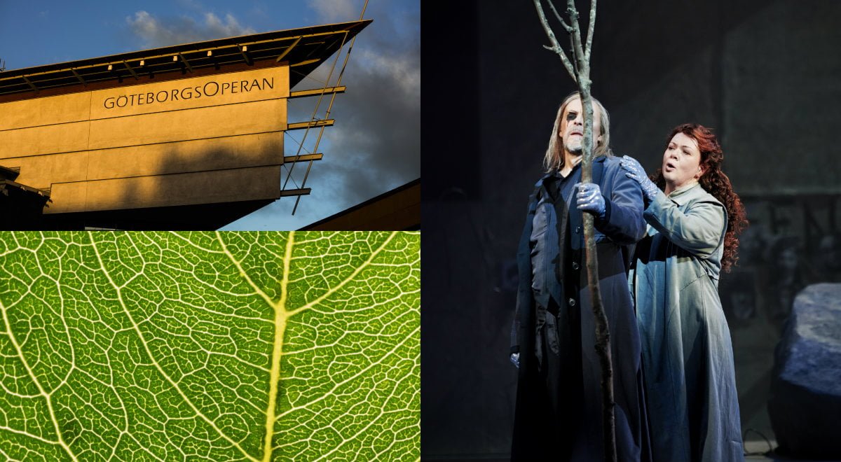 Huset GöteborgsOperan, ett grönt löv som symboliserar testet och en scen ur föreställningen Valkyrian.