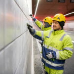 Två arbetare i skyddskläder skrapar på tunnelns kakelplattor.