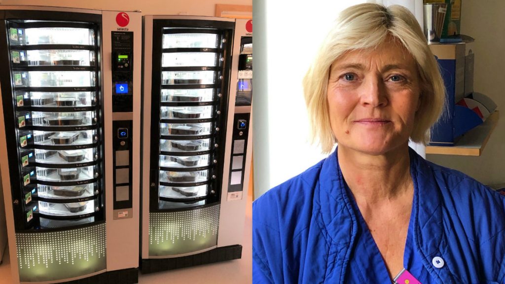 Ing-Marie Backlund, barnmorska och sektionsledare på BB, Näl har fått många positiva reaktioner på automaten som gör det möjligt att värma mat och äta när som helst på dygnet. Foto: Bettina Axelsson.