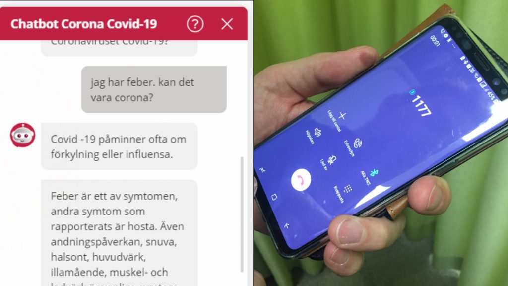 chatboten corona covid -19 på 1177.se och en mobiltelefon