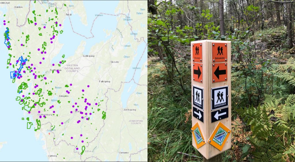 Karta över naturreservat och exempel på skyltning av en led.