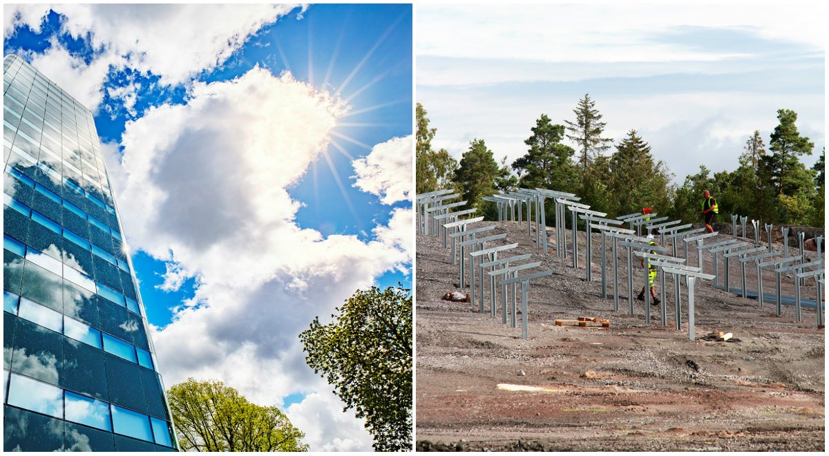 Nya regionens hus i Göteborg en solig dag plus bygget av solcellsparken utanför sjukhuset Näl i Trollhättan.