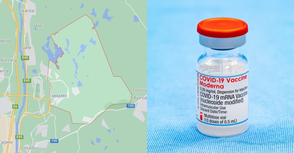 Kartbild över Angered och en flaska vaccin