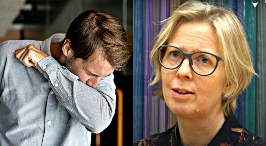 En person som nyser i armvecket och porträtt på biträdande smittskyddsläkare Gunilla Ockborn.