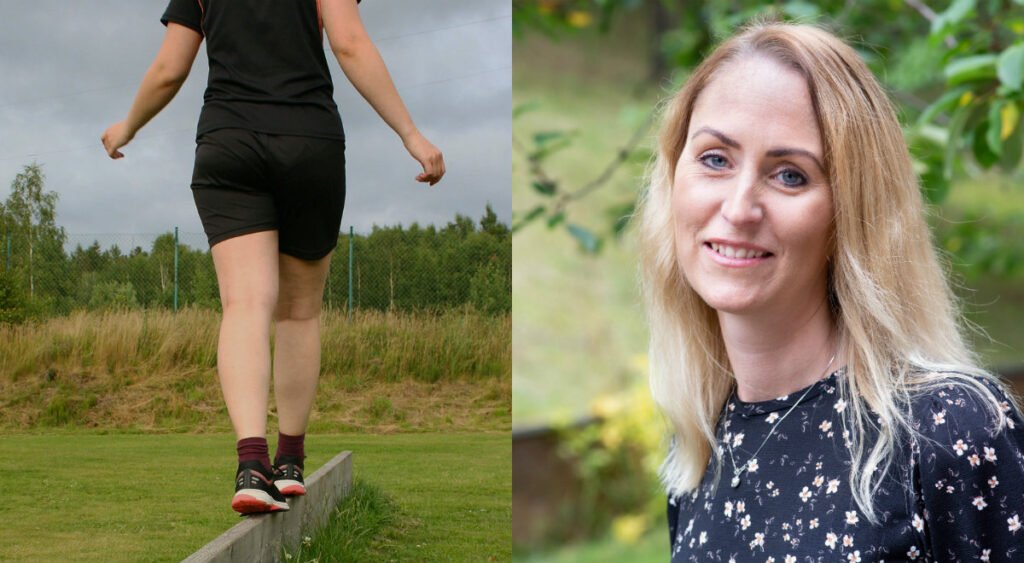 Person som går balansgång och en porträttbild på Charlotte Wassenius som forskar om stroke.