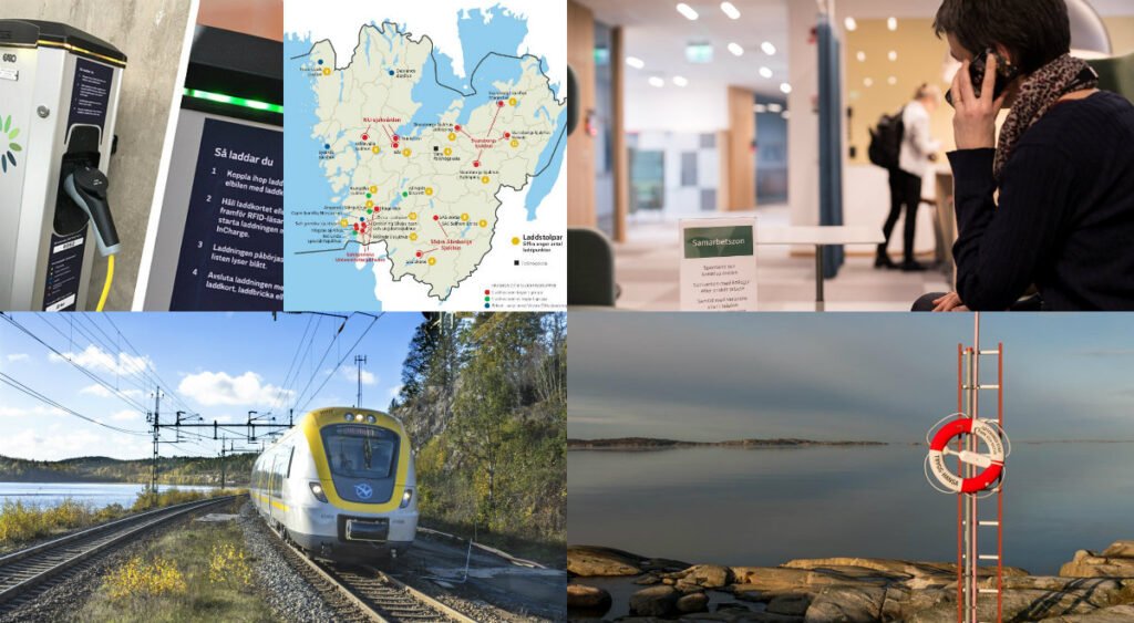 laddstolpe för elfordon, tåg på räls, badplats och en person som talar i telefon