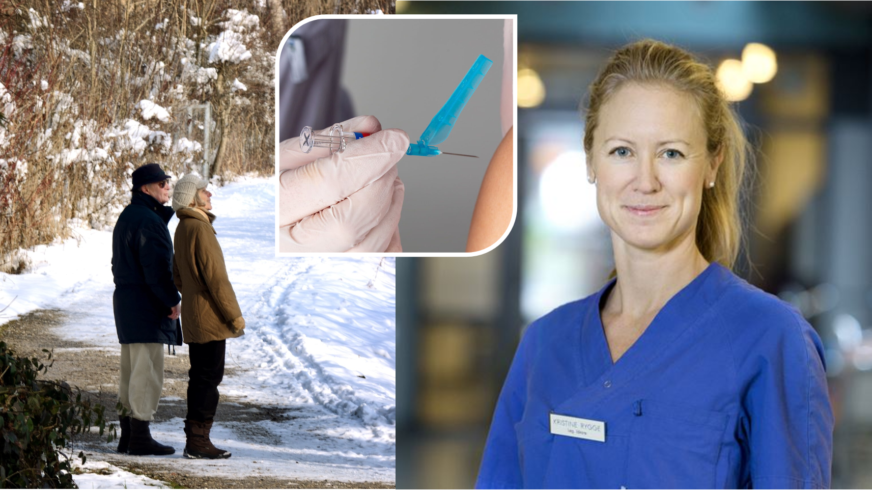 Ett pensionärspar på promenad, en vaccinspruta och vaccinationssamordnare Kristine Rygge.