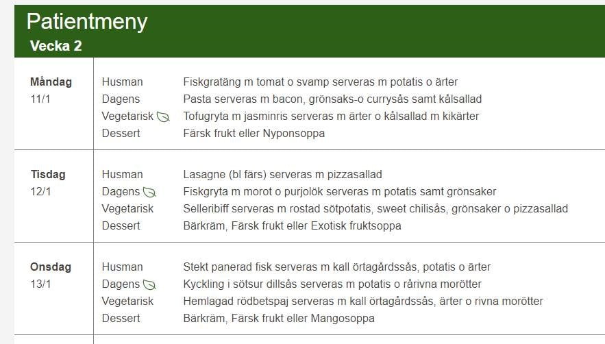 Exempel på en meny där vissa rätter är markerade med ett grönt löv.