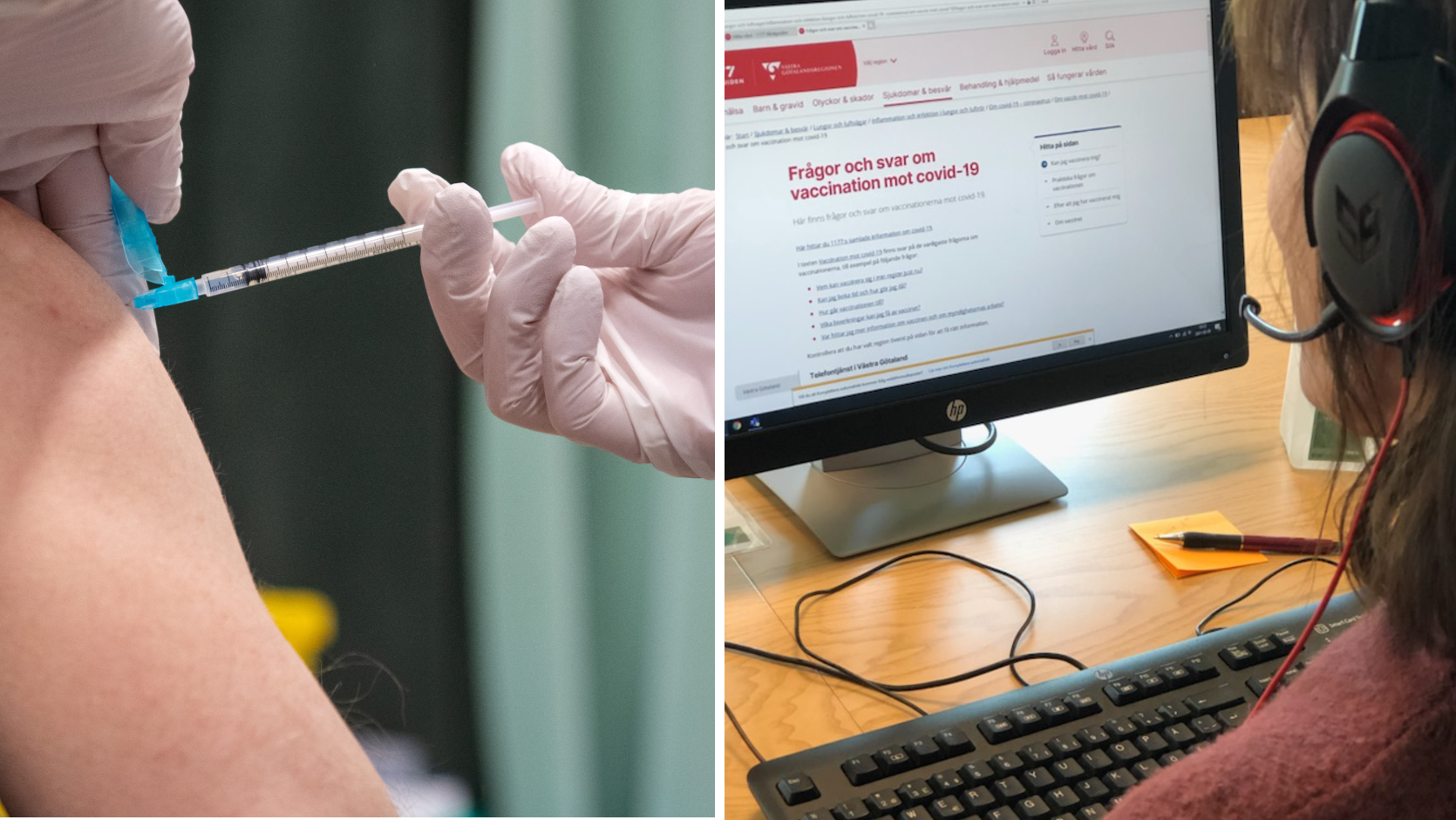 Bild på vaccinspruta som sticks i en arm och bild på en telefonost som läser på webbplatsen 1177.se