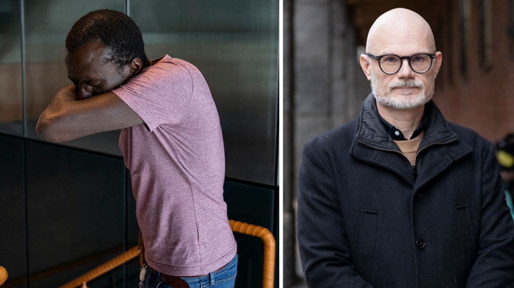 Montage: Man som nyser i armvecket och smittskyddsläkare Thomas Wahlberg