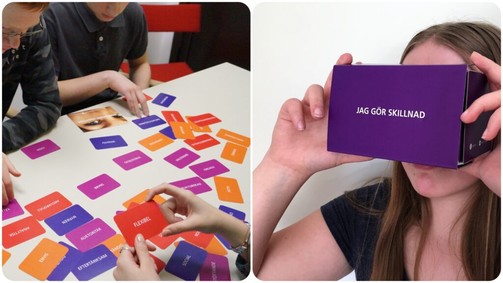 Elever testar med hjälp av kort vilka yrken de skulle kunna gilla. Elev med VR-glasögon