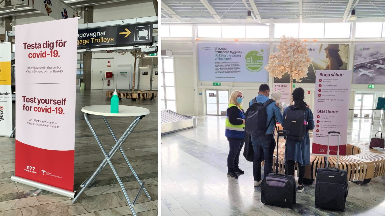 informationstavla med handsprit och en familj som anlänt med flyg som får information om provtagning.