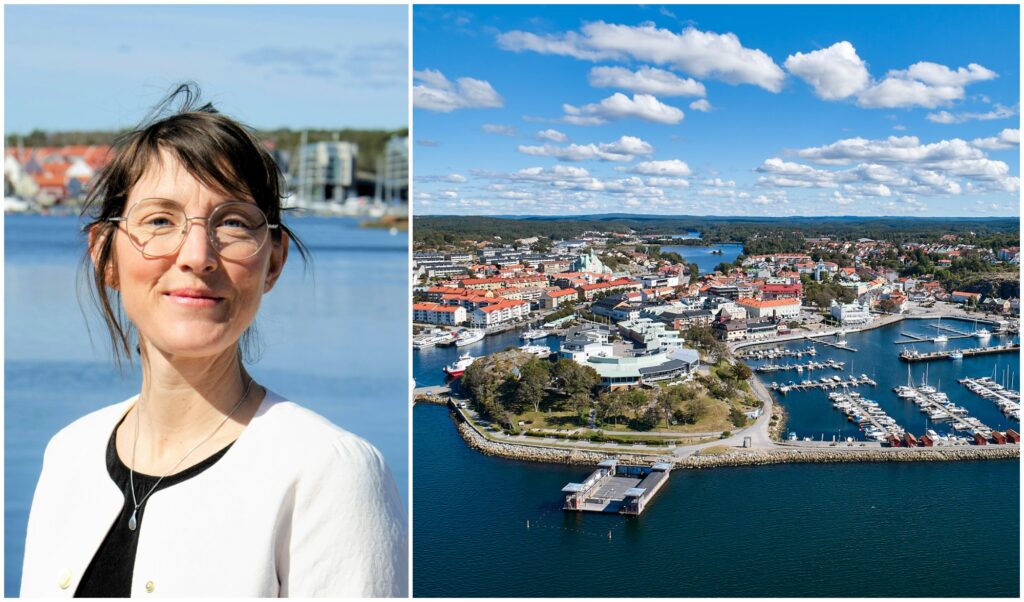 Anja Sonnerud och ett flygfoto över Strömstad.