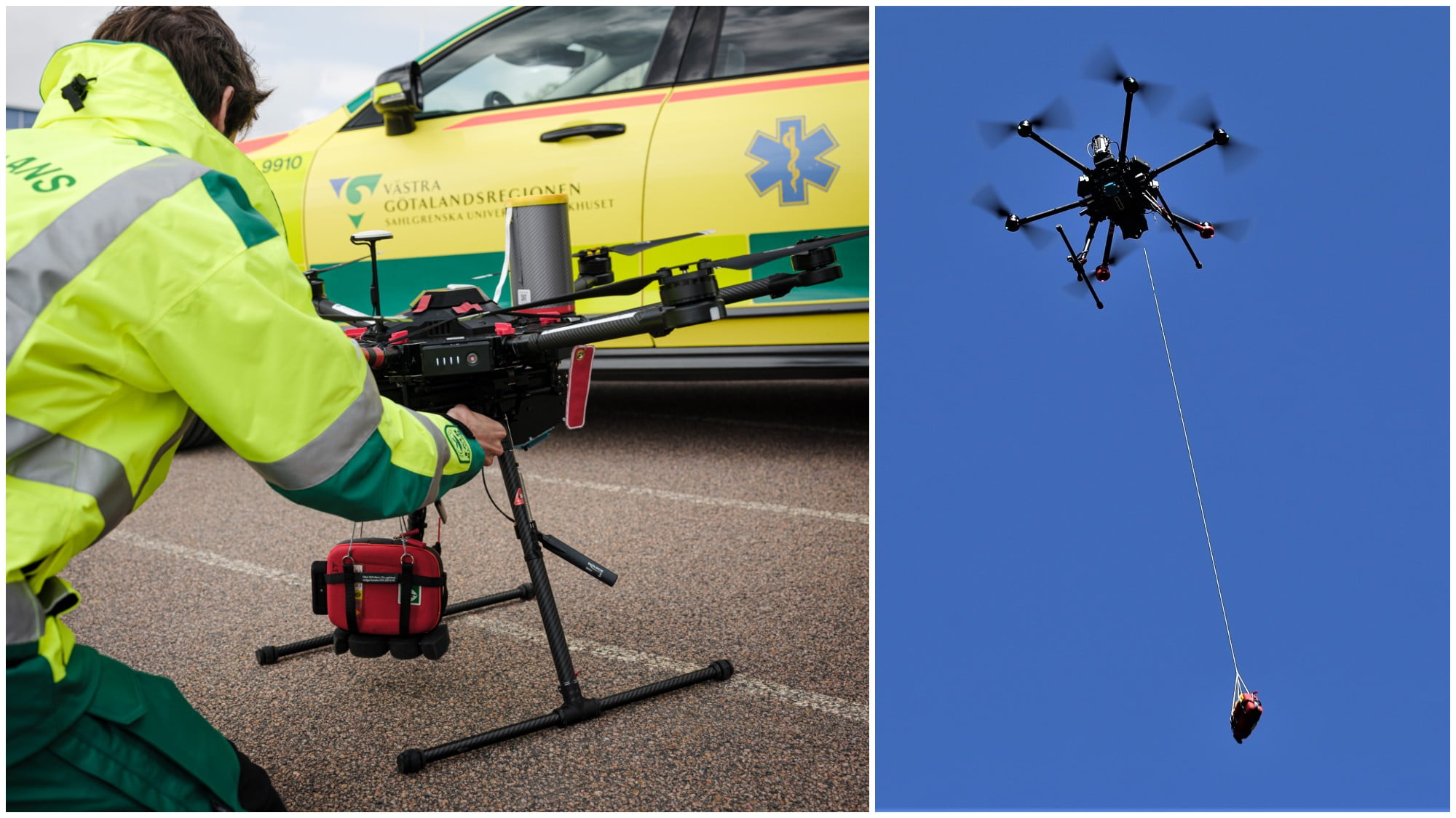 Ambulanspersonal som förbereder drönaren för leverans av hjärtstartaren och bild på drönare i luften mot en blå himmel.
