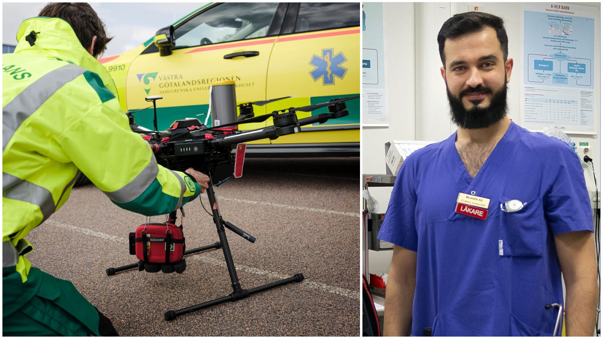 Bild på drönaren med en hjärtstartare som hänger under den samt på Mustafa Ali