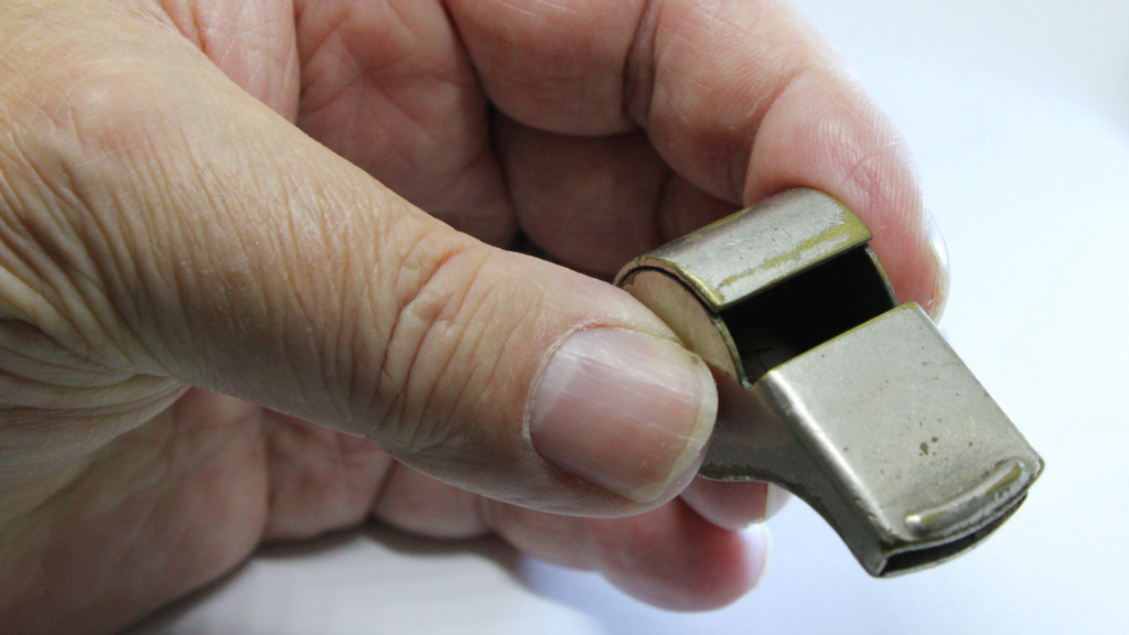 En hand håller i en visselpipa