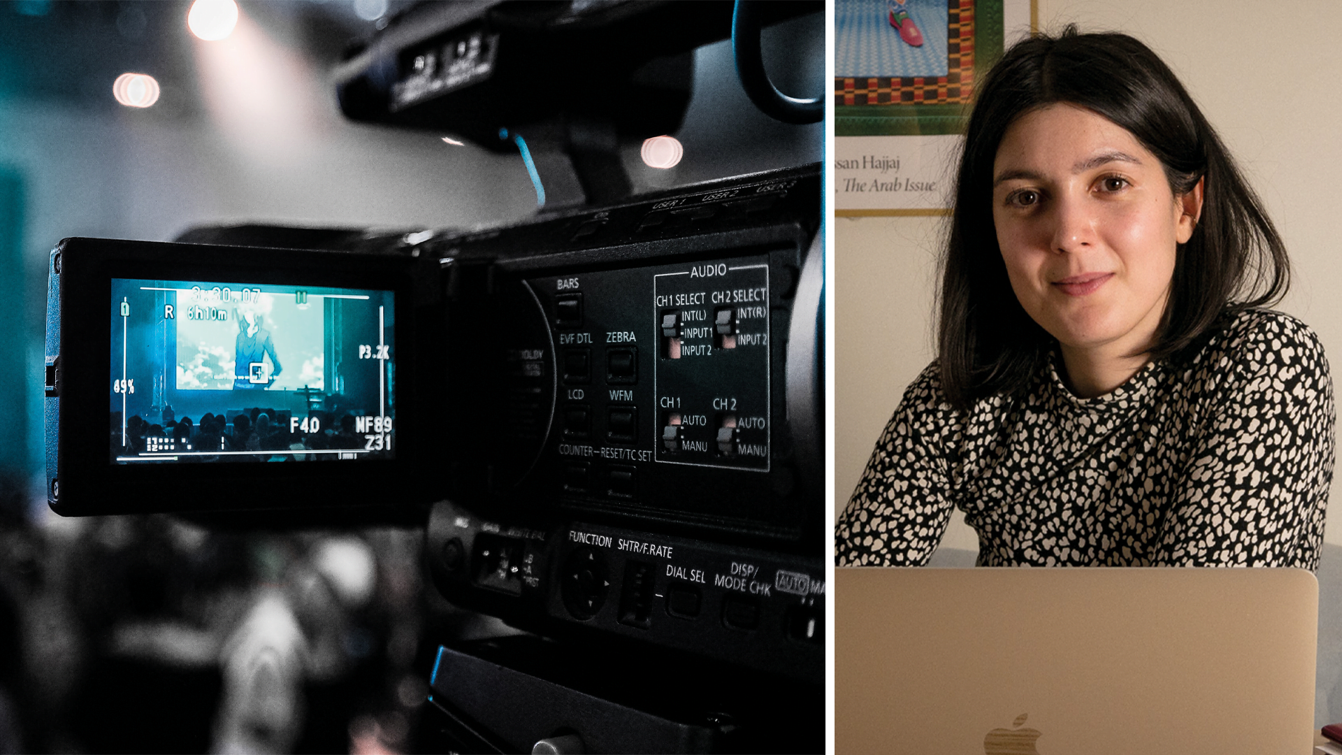 Bild på en filmkamera och Tara som sitter vid ett bord